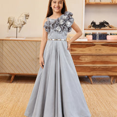 Girls' grey floral party gown with metallic belt