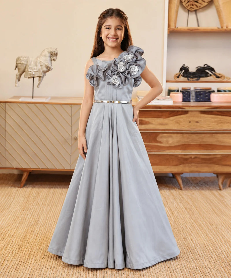 Girls' grey floral party gown with metallic belt