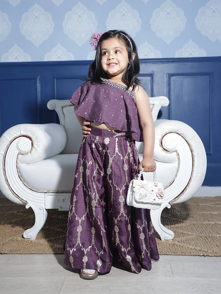 Girls' purple embellished sharara set with one-shoulder ruffle top and flared pants, Jaipur