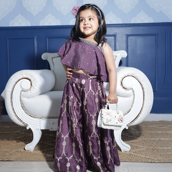 Girls' purple embellished sharara set with one-shoulder ruffle top and flared pants, Jaipur