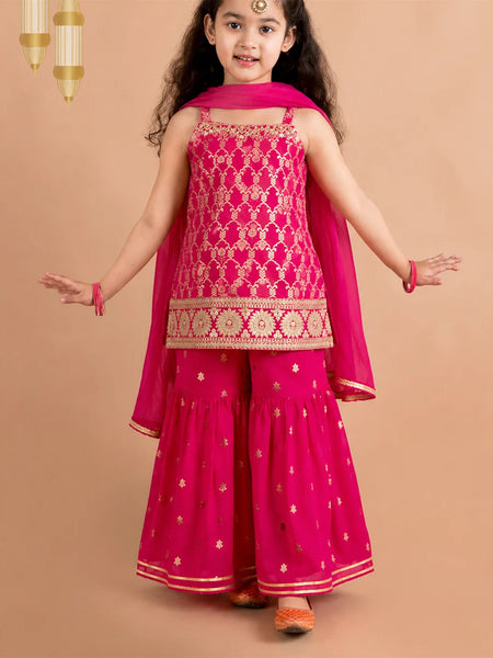 Sleeveless rani pink kurta with flared sharara and dupatta.
