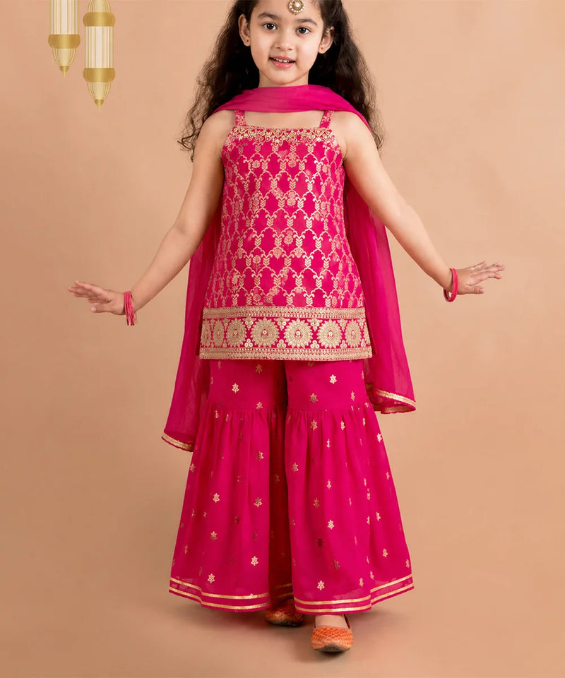 Sleeveless rani pink kurta with flared sharara and dupatta.