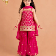 Rani pink self-printed sharara set with net dupatta for girls.