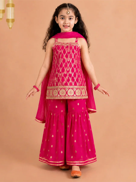 Rani pink self-printed sharara set with net dupatta for girls.