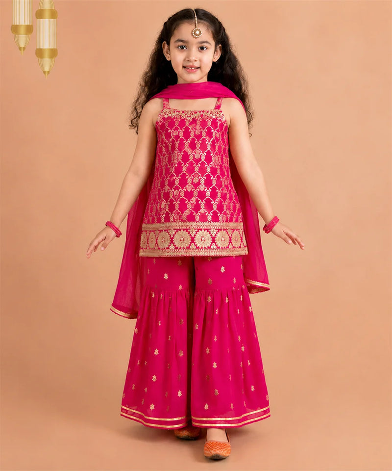 Rani pink self-printed sharara set with net dupatta for girls.