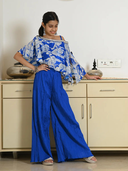 Girls' royal blue palazzo set with floral printed cape top, Jaipur