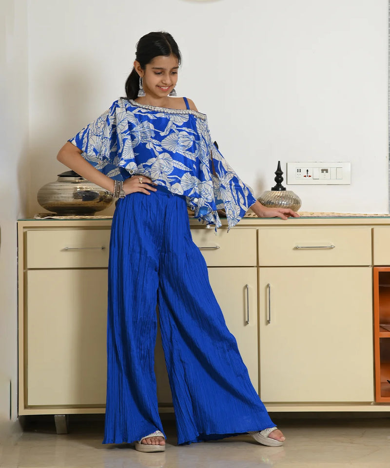 Girls' royal blue palazzo set with floral printed cape top, Jaipur