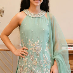 Sea green kurta sharara set for girls with embroidery.