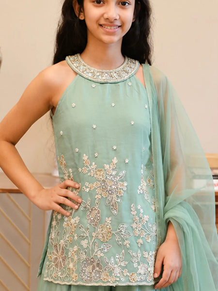 Sea green kurta sharara set for girls with embroidery.