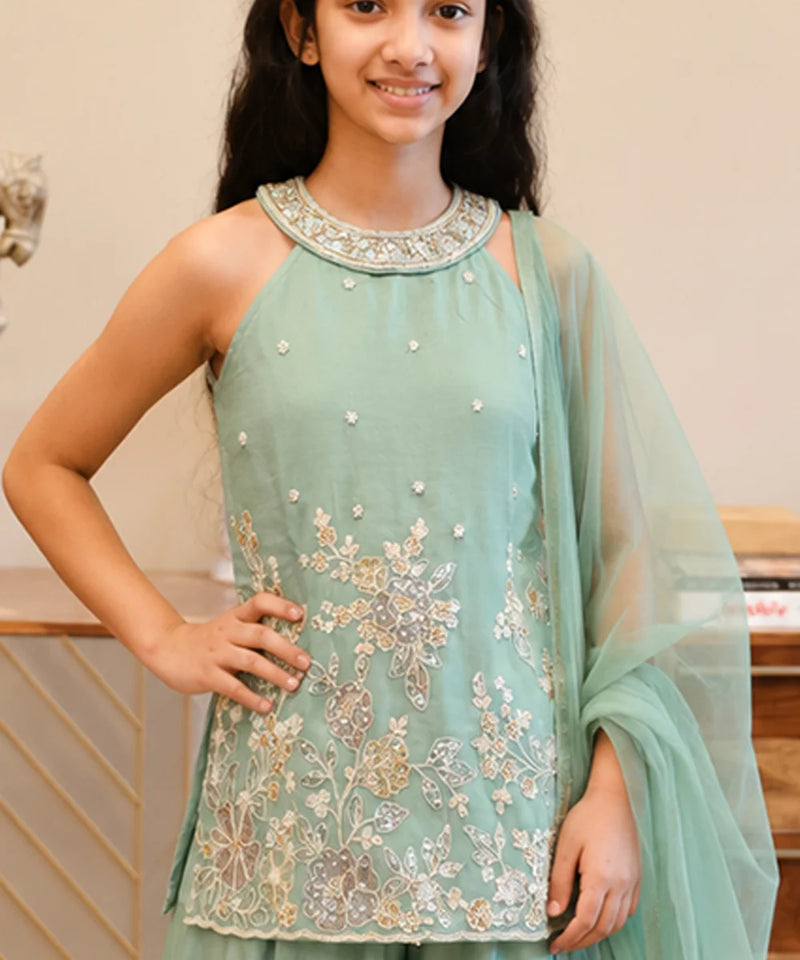 Sea green kurta sharara set for girls with embroidery.