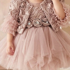 A young child wearing a dusty pink formal dress with a ruffled jacket-style bodice, tulle skirt, and decorative floral rosettes at the waist.