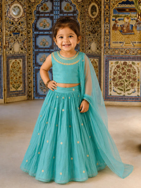 Devils N Angels Girls Sea Green Embroidered Lehenga Choli Set Wedding Wear 6-9 Months Jaipur