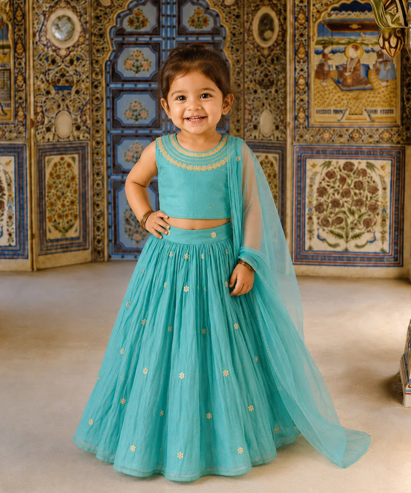 Devils N Angels Girls Sea Green Embroidered Lehenga Choli Set Wedding Wear 6-9 Months Jaipur