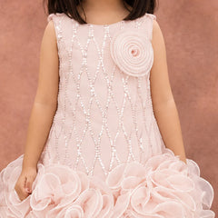 A young girl wearing a sleeveless light pink dress with white beaded geometric patterns, a large fabric rosette on the chest, and a voluminous ruffled tulle skirt, posed against a textured dusty pink background.