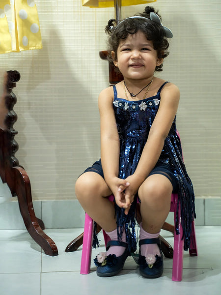 shimmery navy blue party wear dress for girls 