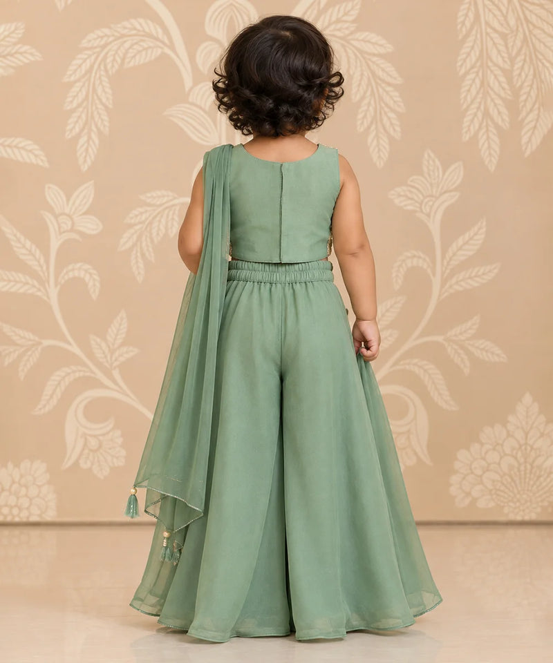 Green flower bead embroidery wedding sharara set for girls with top and dupatta