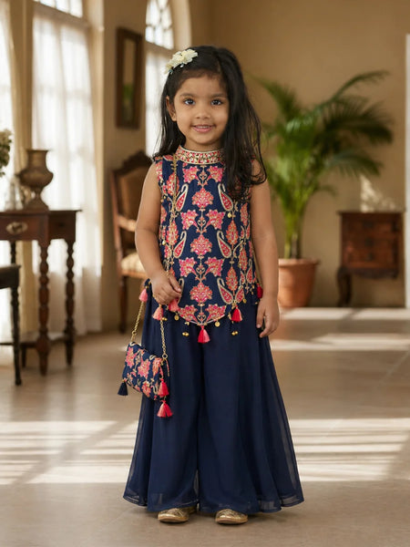 Young girl in a traditional outfit with floral top and navy skirt standing indoors.
