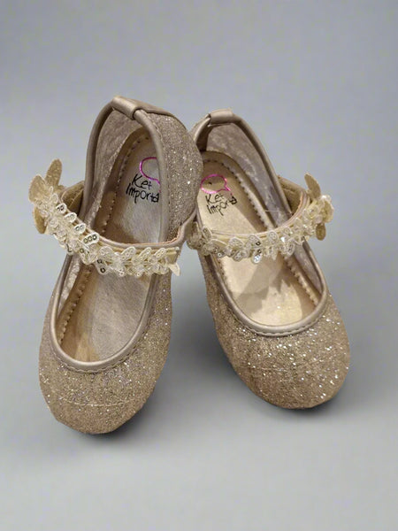 Gold glitter girls' dress flats with butterfly and sequin strap, Jaipur, ages 1–8 years