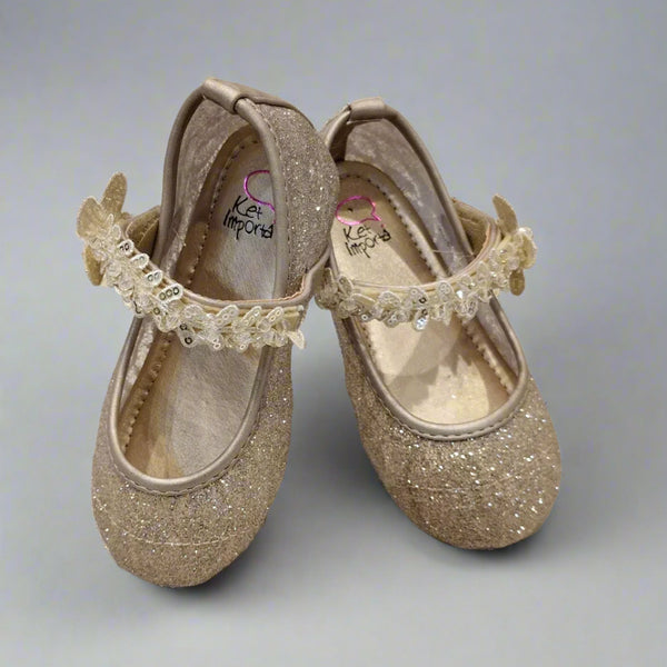 Gold glitter girls' dress flats with butterfly and sequin strap, Jaipur, ages 1–8 years