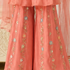 Coral pink traditional outfit with floral embroidery on a light background