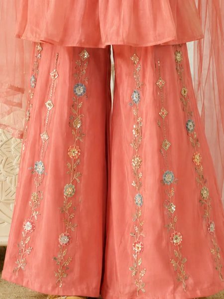 Coral pink traditional outfit with floral embroidery on a light background