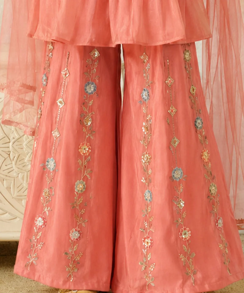 Coral pink traditional outfit with floral embroidery on a light background