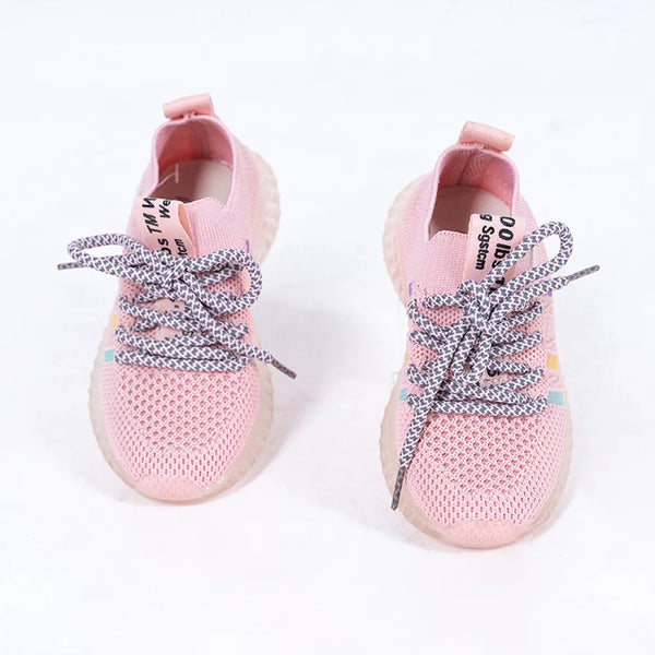 Kids' lightweight pink sports shoes for girls featuring breathable knit upper and colorful accents, Jaipur