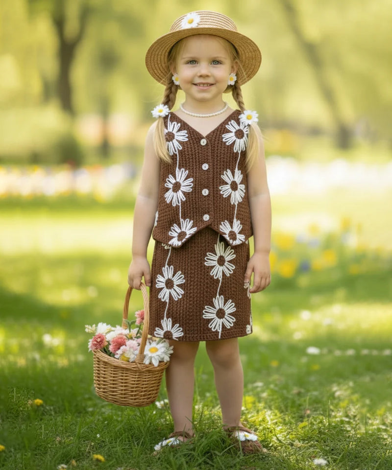 Young girl in a brown dress with white floral patterns, holding a basket of flowers, standing in a grassy field.