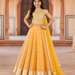 Girls' orange lehenga with beige brocade top and dupatta