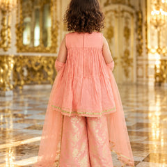 girl wear Peach pink Anarkali palazzo set for girls with gold embroidery and dupatta