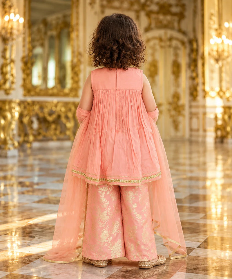 girl wear Peach pink Anarkali palazzo set for girls with gold embroidery and dupatta