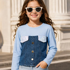 A young girl with long wavy brown hair and white cat-eye sunglasses is wearing a light blue long-sleeve top with a dark blue denim-style front panel and two silver sequined chest pockets. She is posing outdoors in front of a light-colored stone building.