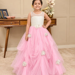 Girls' pink and white party gown with beaded bodice