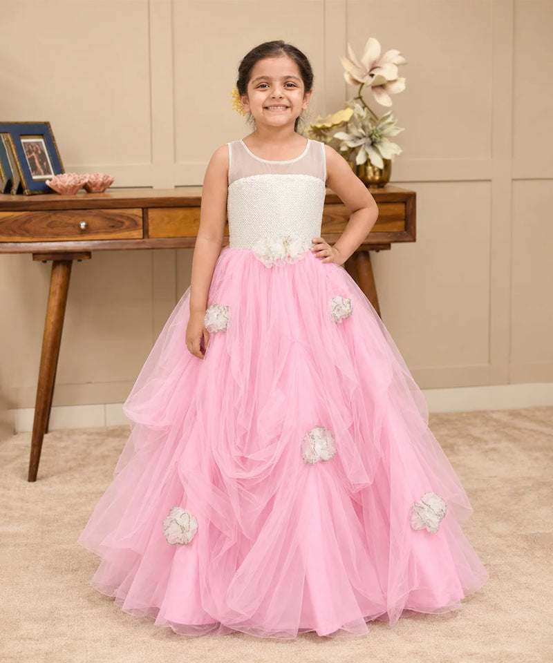 Girls' pink and white party gown with beaded bodice