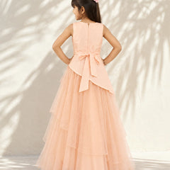 Back view of girls' peach lace party gown with beaded neckline