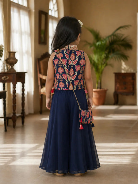 Devils N Angels Girls Navy Blue Embroidered Sharara Set for Festive Wear Sizes 4-13 Years Jaipur