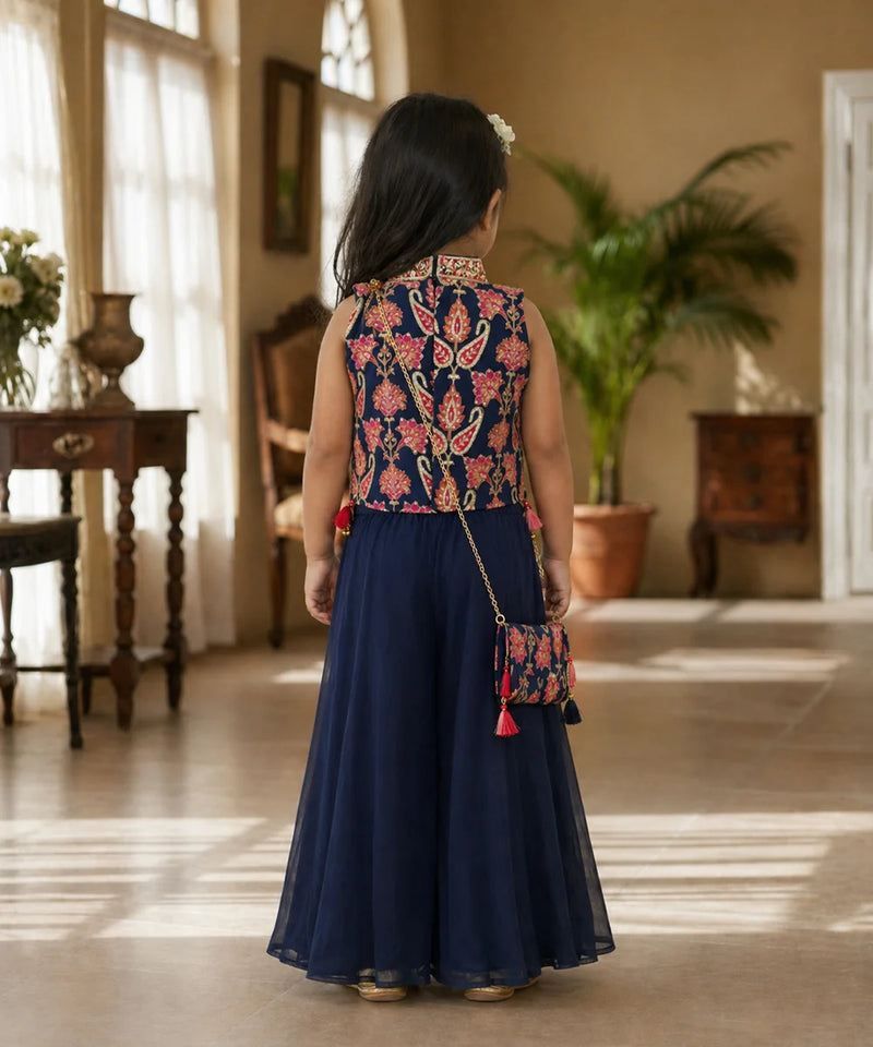 Navy Blue Zari Embroidered Sharara Set for Girls Wedding Wear