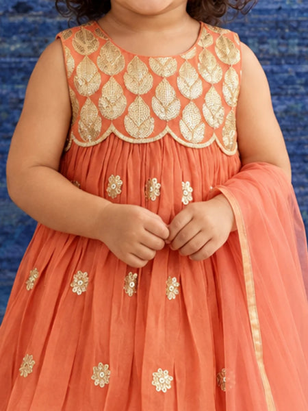 Girls' peach sharara with gold embroidered bodice, view 2