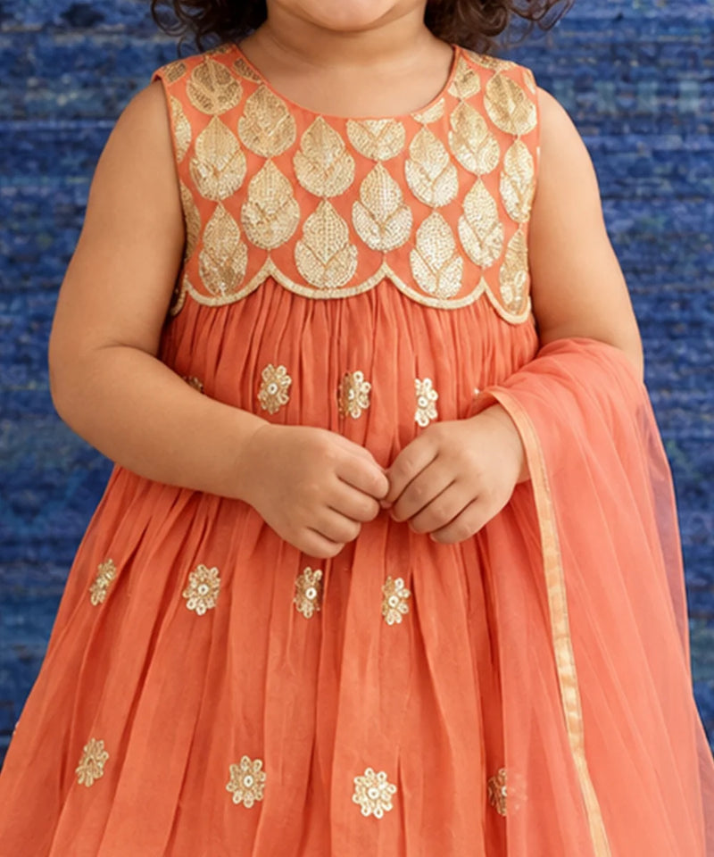 A child wearing a sleeveless peach-orange dress with a heavily embroidered gold leaf-patterned bodice and scattered gold floral motifs on the tulle skirt, paired with a matching sheer dupatta.