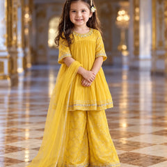 Yellow wide-leg sharara pants with gold floral embroidery for girls