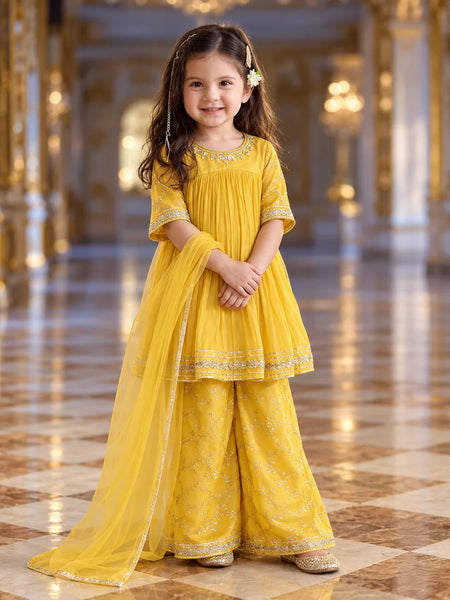 Yellow wide-leg sharara pants with gold floral embroidery for girls