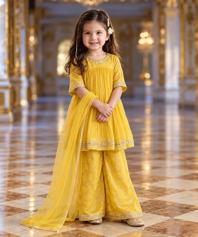 Yellow wide-leg sharara pants with gold floral embroidery for girls