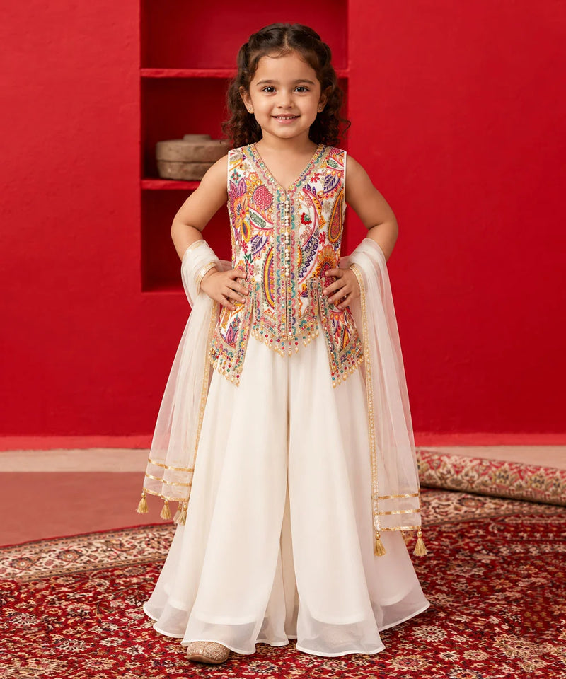 Devils N Angels white multi-color embroidered top and sharara set for girls aged 4-14 years in Jaipur   