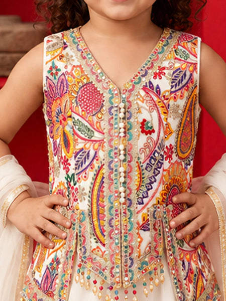 white multi-color embroidered top and sharara set for girls aged 4-14 years in Jaipur   