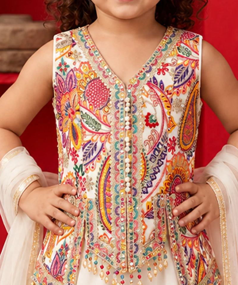 white multi-color embroidered top and sharara set for girls aged 4-14 years in Jaipur   