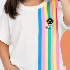 A child wearing a white short-sleeve t-shirt with vertical pastel stripes in blue, pink, yellow, and green on the right side, featuring a black smiley face logo and the word 'HAPPY' in white text.