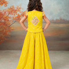 Devils N Angels Yellow Embroidered Jacket, Pleated Top & Sharara Set for Girls | Jaipur