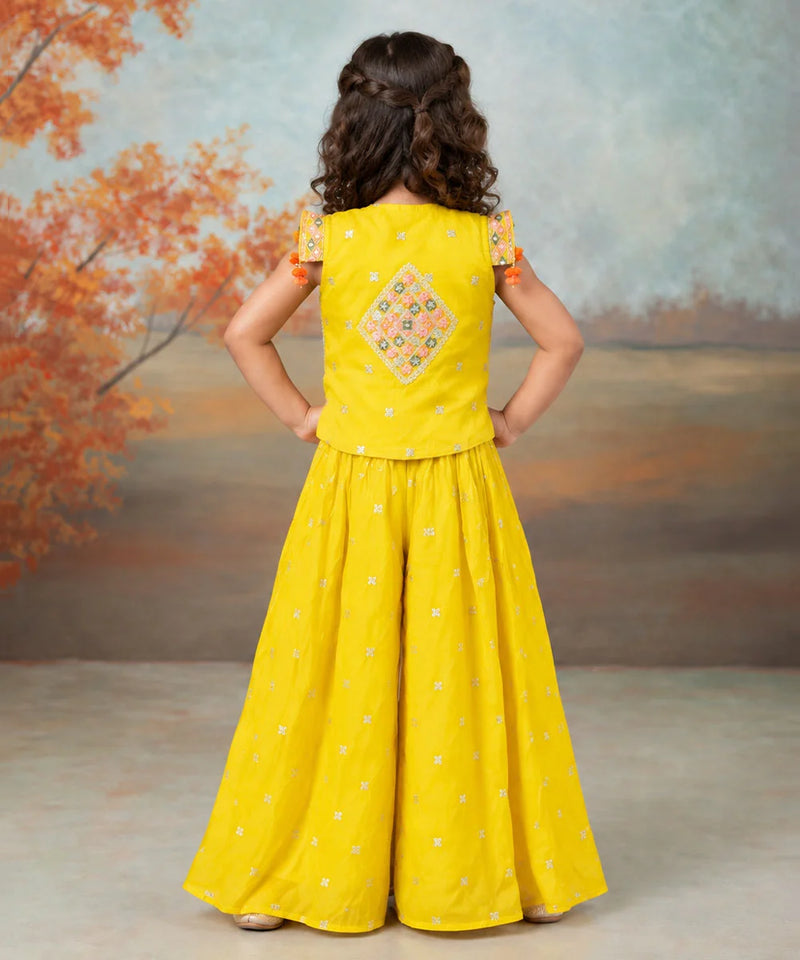 Devils N Angels Yellow Embroidered Jacket, Pleated Top & Sharara Set for Girls | Jaipur