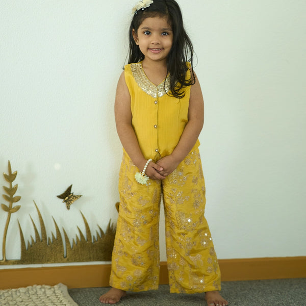 Girls' yellow palazzo set with embroidered pants and embellished collar, Jaipur