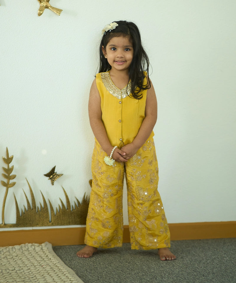 Girls' yellow palazzo set with embroidered pants and embellished collar, Jaipur